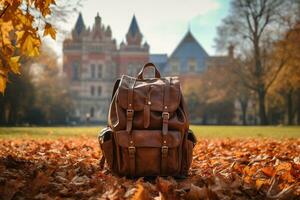 Herbst Blätter und ein Rucksack. generativ durch ai foto