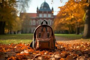 Hochschule Rucksack auf fallen Blätter. generativ durch ai foto