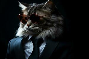 Katze im passen und Sonnenbrille auf schwarz Hintergrund. generativ durch ai foto