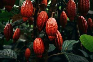 reif Kakao Schoten auf das Kakao Pflanze Baum. generativ durch ai foto