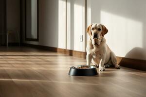 Hund und Schüssel von trocken Essen im modern Wohnung. generativ durch ai foto