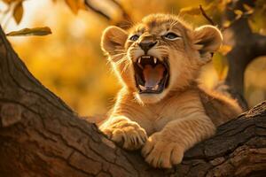 afrikanisch Löwe Jungtiere bezaubernd Gähnen und Dehnen Moment. generativ durch ai foto