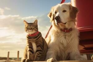 Strand patrouillieren mit Hund und Katze Rettungsschwimmer. generativ durch ai foto