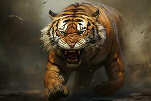 Tiger im aggressiv Sprint und knurren. generativ durch ai foto