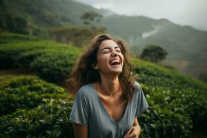 ein Mädchen Lachen Echos inmitten ein heiter Tee Garten. generativ durch ai foto