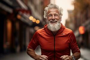 aktiv Altern glücklich Lebensstil von ein Alten Jogger. generativ durch ai foto