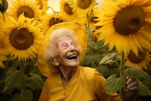 ein glücklich alt Frau umgeben durch Sonnenblumen. generativ durch ai foto