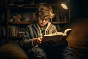 lächelnd Junge mit seine Buch. generativ durch ai foto