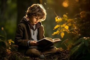 lächelnd Junge mit seine Buch. generativ durch ai foto