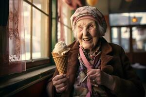 Alten Frau genießen Eis Creme. generativ durch ai foto