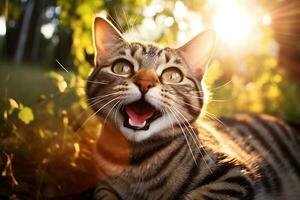 Erfassen das Freude von ein kurzes Haar Katze im Fotografie. generativ durch ai foto