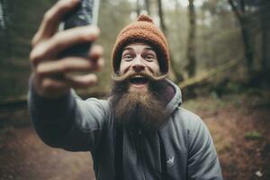 ein Mann Erfassen Erinnerungen mit seine Handy, Mobiltelefon. generativ durch ai foto