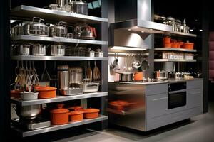 modern Kochen Ausrüstung im ein aufgeräumt Küche. generativ durch ai foto