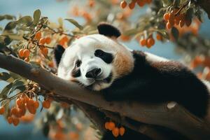 Panda Schlafen auf ein Baum Ast. generativ durch ai foto