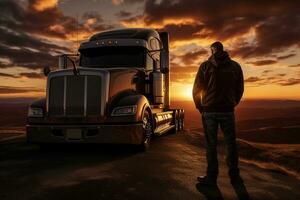 LKW Fahrer heiter Sonnenuntergang Stand ein szenisch Reise. generativ durch ai foto