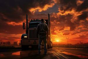 LKW Fahrer heiter Sonnenuntergang Stand ein szenisch Reise. generativ durch ai foto