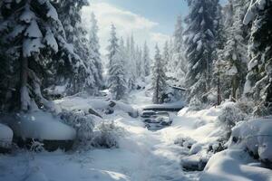 Erfassen das Schönheit von ein schneebedeckt Landschaft. generativ durch ai foto