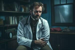 Arzt Mann mit Stethoskop im Krankenhaus. generativ durch ai foto
