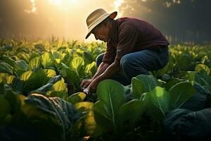 ein Farmer prüft das Blätter von Grün Pflanzen. generativ durch ai foto