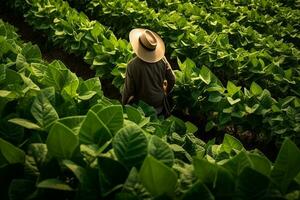 ein Farmer prüft das Blätter von Grün Pflanzen. generativ durch ai foto