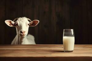 rustikal Bauernhof Rahmen Ziege und Milch auf hölzern Tisch. generativ durch ai foto