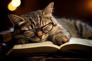 Katze Nickerchen machen auf öffnen Buch mit Brille. generativ durch ai foto