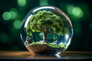Kristall Globus und Baum Harmonie. generativ durch ai foto