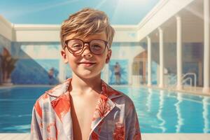 Porträt von ein lächelnd Junge Stehen durch das Schwimmen Schwimmbad, genießen Sommer Spaß. generativ durch ai foto