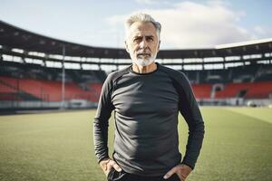 Porträt von ein zuversichtlich Senior Mann im Sportbekleidung. generativ durch ai foto