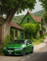 BMW Auto auf das Seite von das Stadt Straße ai foto