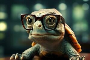 weise Grün Schildkröte im Gläser, verschwommen Hintergrund, humorvoll Intelligenz personifiziert ai generiert foto