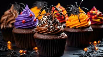 festlich Halloween Cupcakes und Leckereien dekoriert mit Sträusel und Süßigkeiten. ai generiert foto