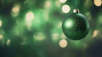 Weihnachten Bälle von Grün Farbe auf Grün verschwommen Hintergrund. Flitter zu schmücken das Baum. Weihnachten Konzept. ai generiert foto