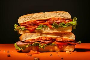 Sandwich mit lecker Zutaten von Salami, Tomate, Grüner Salat und Schach. generativ ai foto
