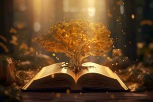 Geheimnis Buch mit leuchtenden Seiten von welche taucht auf ein magisch Baum mit Magie funkelt. generativ ai foto