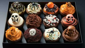 festlich Halloween Cupcakes und Leckereien dekoriert mit Sträusel und Süßigkeiten. ai generiert foto