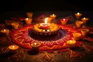 Lampen zündete während Diwali Feier. Beleuchtung Kerzen im Rangoli Muster. ai generiert foto