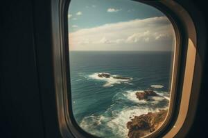 Aussicht von das Strand und Meer das Flugzeug Fenster. Reise und Tourismus Konzept. generativ ai foto