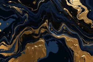 Flüssigkeit wirbelt im Marine Blau Farben mit Gold Pulver. luxuriös Design Hintergrund. generativ ai foto