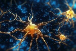Nerv Zelle im Blau und Gold Farben. System Neuron von Gehirn mit Synapsen. generativ ai foto
