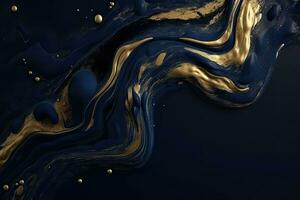 Flüssigkeit wirbelt im Marine Blau Farben mit Gold Pulver. luxuriös Design Hintergrund. generativ ai foto