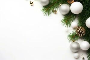 Weihnachten Dekoration mit Tanne Geäst und Kugeln auf ein Weiß Hintergrund mit Kopieren Raum. ai generiert foto