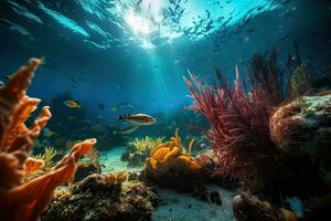 Tiere von das unter Wasser Welt mit Sonne Strahlen. Koralle Riff und Fisch. generativ ai foto