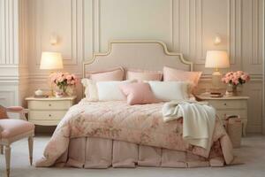 gemütlich Schlafzimmer mit Kissen und ein gepolstert Kopfteil. Schlafzimmer im Provence Stil. Innere Einzelheiten im Rosa Töne. ai generiert foto