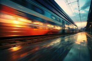 hoch Geschwindigkeit Zug im Bewegung auf Eisenbahn Bahnhof beim Sonnenuntergang. generativ ai foto