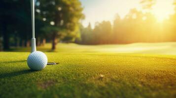 Golf Ball auf Tee im ein Golf Kurs. bereit zum Golf im das zuerst kurz. ai generiert foto