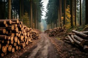 Log Stämme Haufen, das Protokollierung Bauholz Holz Industrie. Schnitt Bäume entlang ein Straße. generativ ai foto