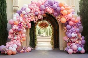 Bogen gemacht von bunt aufblasbar Luftballons. Foto Zone mit Bälle. ai generiert