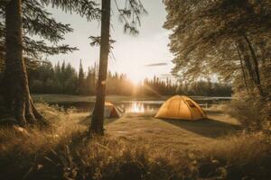 schön Morgen Landschaft mit Camping Zelt beim Sonnenaufgang. Camping im das Wald. generativ ai foto