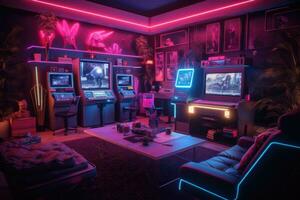 Spielen Zimmer. Neon- beleuchtet Zimmer mit Computers. generativ ai foto